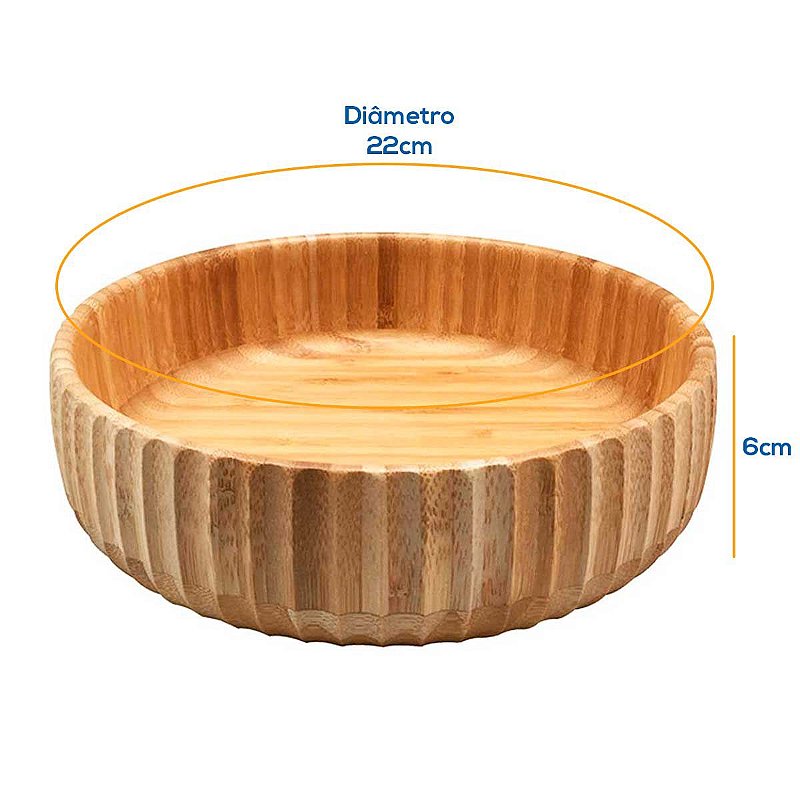 Kit 3 Taças de Bambu Canelado Pequeno Médio e Grande Redondo para Servir