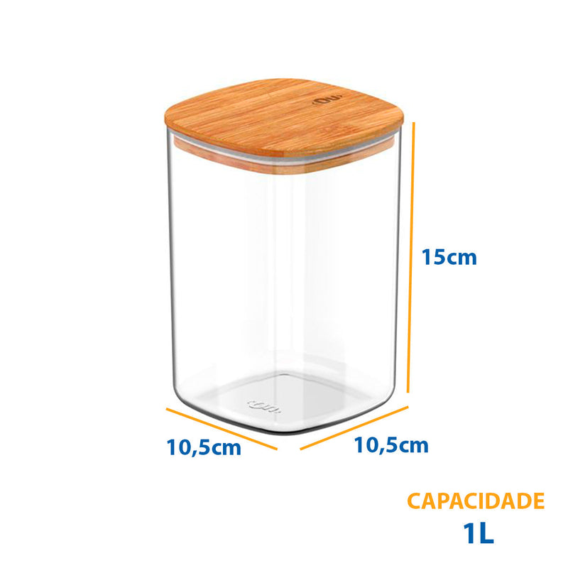 Pote Hermético Quadrado com Tampa de Bambu 1L - OU