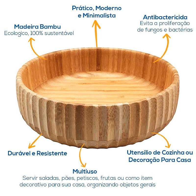 Kit 3 Tigela de Bambu Canelado para Servir Petiscos Porções Decoração Cozinha