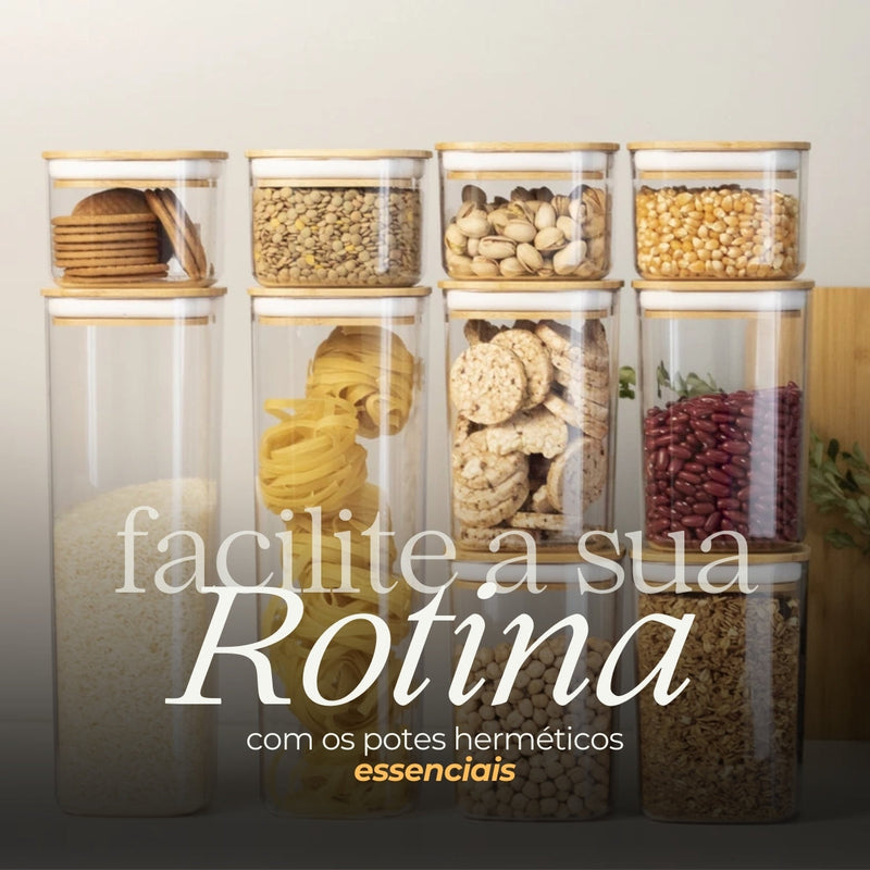 Kit 10 Potes Herméticos Quadrados com Tampa de Bambu - OU