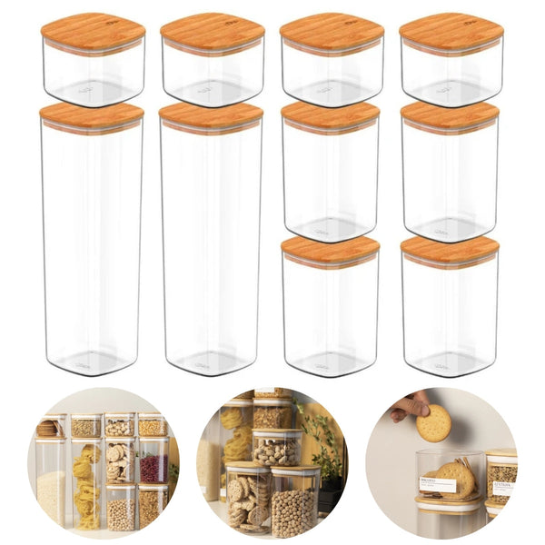 Kit 10 Potes Herméticos Quadrados com Tampa de Bambu - OU