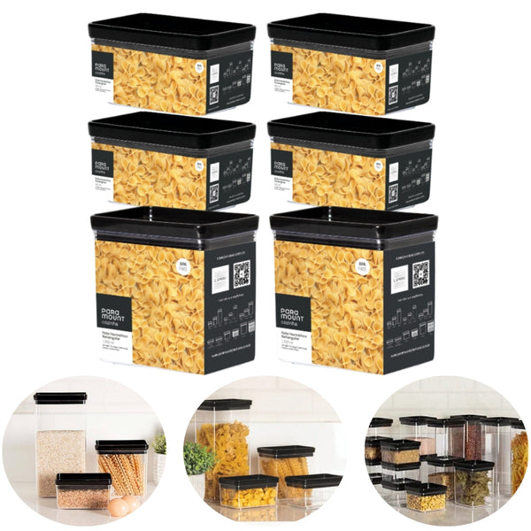 Kit 6 Potes Herméticos Empilháveis com Tampa Preta e Vedação em Silicone Acrílico Transparente