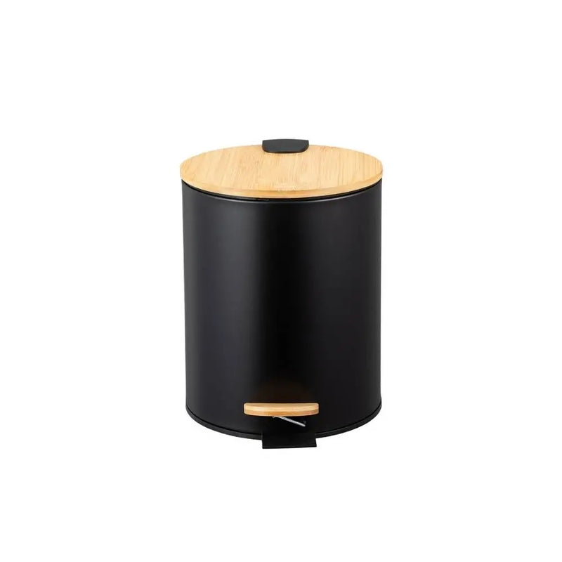 Lixeira Redonda c/ Pedal e Tampa de Bambu - 5L e 12L Preto