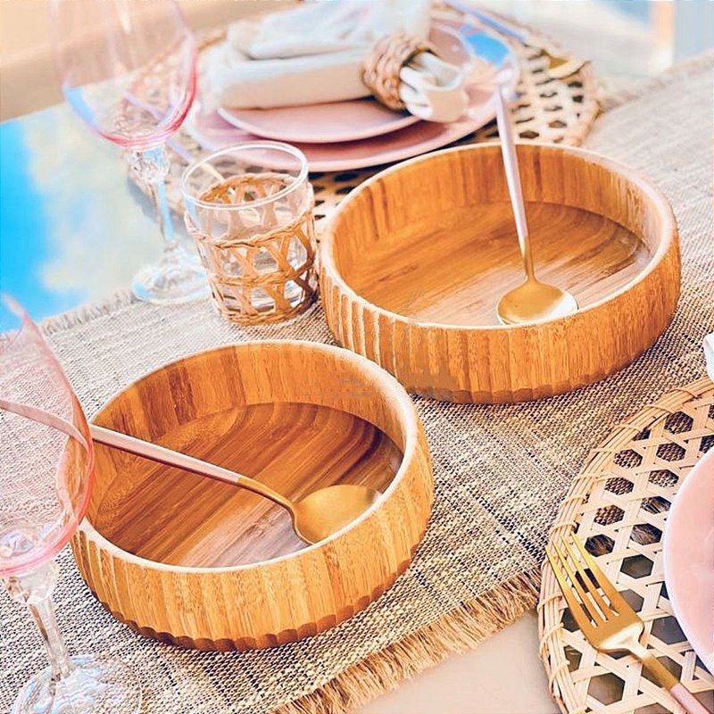 Kit 3 Tigela de Bambu Canelado para Servir Petiscos Porções Decoração Cozinha
