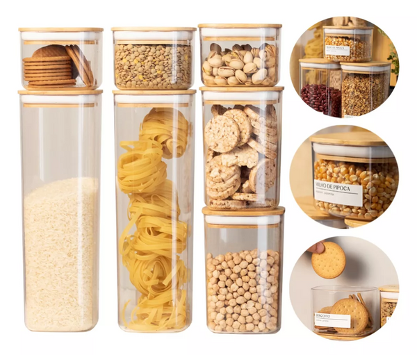 Kit 7 Potes Quadrados com Tampa de Bambu - OU